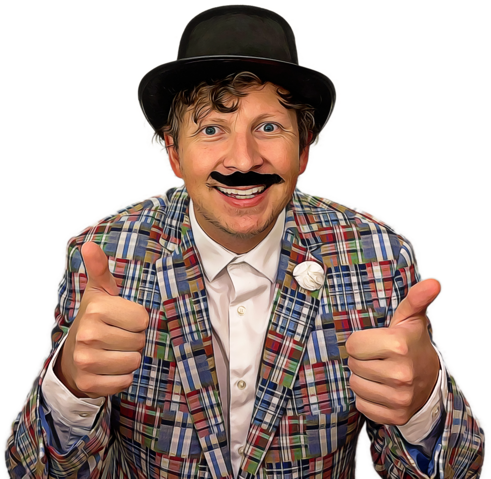 A smiling man wearing a bowling hat, a rainbow plaid blazer, and a fake moustache gives two thumbs up.